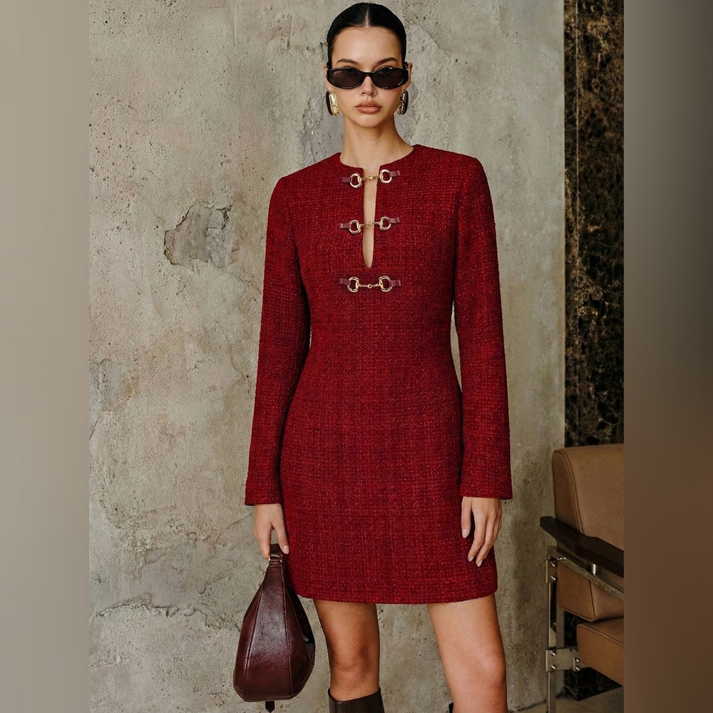 Commense Metal Buckle Tweed Mini Dress